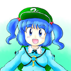 Rule 34 | 1girl, backpack, bag, blue eyes, blue hair, commentary request, hair bobbles, hair ornament, hat, kawashiro nitori, key, matching hair/eyes, nitamago, solo, touhou, twintails