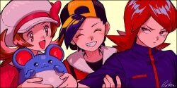 Rule 34 | 1girl, 2boys, :d, backwards hat, blush, brown eyes, brown hair, closed eyes, commentary request, creatures (company), ethan (pokemon), eyelashes, game freak, gen 2 pokemon, hat, highres, holding, holding another&#039;s arm, holding pokemon, jacket, kwsby 124, lyra (pokemon), marill, multiple boys, nintendo, open mouth, pokemon, pokemon (creature), pokemon gsc, ponytail, red eyes, red hair, signature, silver (pokemon), simple background, smile, teeth