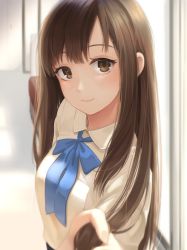 Rule 34 | 10s, 1girl, akame (akamiru), bench, blue bow, blue bowtie, blurry, blush, bow, bowtie, breast pocket, brown eyes, brown hair, closed mouth, commentary request, day, depth of field, foreshortening, hallway, idolmaster, idolmaster cinderella girls, indoors, lips, long hair, long sleeves, looking at viewer, mizumoto yukari, pocket, shirt, smile, solo, straight hair, sunlight, tareme, upper body, white shirt