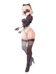 Rule 34 | 1girl, 2b (nier:automata) (cosplay), black bow, black thighhighs, blindfold, blonde hair, blush, boots, bow, cosplay, foxxarius, frown, full body, high heel boots, high heels, highres, hololive, hololive english, leotard, mole, mole under mouth, nier:automata, nier (series), short hair, solo, thigh boots, thighhighs, thighs, virtual youtuber, watson amelia, white background