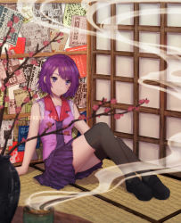 Rule 34 | 1girl, against wall, artist name, bare arms, black thighhighs, blouse, blurry, blurry foreground, branch, cherry blossoms, closed mouth, collar, commentary, commentary request, english commentary, highres, incense burner, legs together, loafers, looking at viewer, monogatari (series), necktie, newspaper, nisemonogatari, pink shirt, plant, pleated skirt, potted plant, purple eyes, purple hair, purple necktie, purple shirt, purple skirt, red collar, rushieruart, school uniform, senjougahara hitagi, shirt, shoes, short hair, shouji, sitting, skirt, sleeves rolled up, sliding doors, smoke, solo, swept bangs, tatami, thighhighs, watermark, zettai ryouiki
