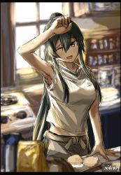 Rule 34 | 1girl, alternate costume, armpits, black hair, breasts, cooking, hair between eyes, hairband, hand up, highres, kantai collection, kitchen, long hair, looking at viewer, medium breasts, one eye closed, open mouth, ponytail, seitei (04seitei), shirt, sketch, sleeveless, sleeveless shirt, solo, upper body, white shirt, yahagi (kancolle)