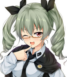 Rule 34 | 10s, 1girl, ;d, anchovy (girls und panzer), bespectacled, black necktie, black ribbon, capelet, commentary request, drill hair, eyebrows, finger to own chin, girls und panzer, glasses, hair ribbon, kuragari, long hair, long sleeves, looking at viewer, necktie, one eye closed, open mouth, red eyes, ribbon, school uniform, simple background, smile, solo, twintails, upper body