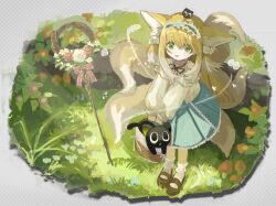 Rule 34 | 1girl, animal ear fluff, animal ears, ankle socks, arknights, basket, black cat, blonde hair, blue hairband, blue skirt, blush, bobby socks, brown footwear, cardigan, cat, commentary request, crossover, flower, fox ears, fox girl, fox tail, frilled hairband, frills, full body, grass, green eyes, hair ornament, hair scrunchie, hairband, heixiu, high-waist skirt, highres, holding, holding basket, kamonoshima, kitsune, kyuubi, long hair, long sleeves, luo xiaohei, mary janes, multicolored hair, multiple tails, nature, neck ribbon, official alternate costume, on head, open cardigan, open clothes, open mouth, outdoors, puffy long sleeves, puffy sleeves, red ribbon, ribbon, scrunchie, shoes, skirt, sleeve cuffs, socks, solo, stitches, suzuran (arknights), suzuran (spring praise) (arknights), tail, luo xiaohei zhanji, two-tone hair, white cardigan, white hair, white socks