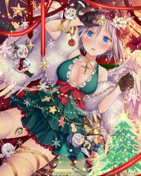 Rule 34 | 1girl, angel wings, black gloves, blue eyes, blush, bow, breasts, christmas, cleavage, collarbone, cross, cross necklace, dress, falkyrie no monshou, gloves, green dress, hair bow, jewelry, large breasts, looking at viewer, natsumekinoko, necklace, official art, parted lips, red bow, short hair, silver hair, solo, star (symbol), thighhighs, wings