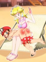 Rule 34 | 1boy, 1girl, ass, barefoot, bikini, blonde hair, blue eyes, blush, breasts, brown hair, cappy (mario), cleavage, clothes pull, earrings, facial hair, feet, femdom, hat, highres, jewelry, long hair, mario, mario (series), mustache, nintendo, nude, open mouth, princess peach, sandals, short hair, shorts, shorts pull, soles, spanked, spanking, sunglasses, sunglasses on head, super mario odyssey, swimsuit, toes