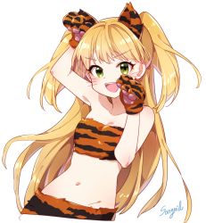Rule 34 | &gt;:d, 10s, 1girl, :d, animal ears, animal hands, animal print, artist name, bandeau, blonde hair, green eyes, idolmaster, idolmaster cinderella girls, jougasaki rika, long hair, looking at viewer, open mouth, smile, solo, songmil, tiger ears, tiger print, two side up, v-shaped eyebrows, whiskers, white background