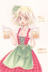 Rule 34 | 1girl, :d, alcohol, apron, beer, beer mug, beerko, blonde hair, bow, breasts, character name, cleavage, cross-laced clothes, cup, dated, dirndl, dress, foam, german clothes, green apron, green bow, green ribbon, green sash, hair ribbon, hands up, high collar, highres, holding, holding cup, io (maryann blue), looking at viewer, low neckline, medium request, mug, open mouth, original, pinafore dress, plaid, plaid dress, plunging neckline, puffy short sleeves, puffy sleeves, red dress, ribbon, sash, short sleeves, sleeveless dress, smile, solo, traditional media, waist apron, waitress, wavy hair, yellow eyes