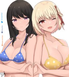 Rule 34 | 2girls, bikini, black hair, blonde hair, blue bikini, breasts, cleavage, collarbone, facebook username, floral print, hair ribbon, heart, heart hands, heart hands duo, highres, inoue takina, large breasts, long hair, looking at viewer, lycoris recoil, medium breasts, medium hair, multiple girls, nishikigi chisato, one eye closed, open mouth, patreon username, purple eyes, red eyes, ribbon, shoulder-to-shoulder, simple background, smile, swept bangs, swimsuit, syyn (syyndev), twitter username, upper body, white background, yellow bikini, yuri