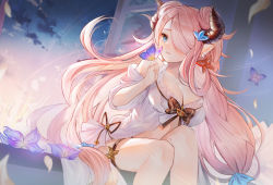 Rule 34 | absurdres, bare legs, bikini, blue eyes, breasts, bug, butterfly, butterfly earrings, cleavage, draph, earrings, eyebrows, flower, granblue fantasy, hair ornament, hair over one eye, hairclip, highres, horns, insect, jewelry, large breasts, long hair, looking at viewer, low-tied long hair, narmaya (granblue fantasy), parayang, purple hair, solo, swimsuit, thigh strap, white bikini