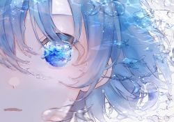 Rule 34 | 1girl, bad id, bad twitter id, blue eyes, blue hair, bubble, crying, crying with eyes open, face, highres, kiwi500g, liquid hair, looking at viewer, open mouth, original, solo, tears, transparent, underwater