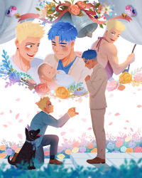 Rule 34 | 2boys, absurdres, animal, apron, baby, bell, black pants, blonde hair, blue hair, blue jacket, blush, closed mouth, couple, dog, falling petals, flower, formal, gaydio zrong, gin (gaydio zrong), hat, highres, holding, holding baby, husband and husband, jacket, jiu (gaydio zrong), male focus, multiple boys, muscular, muscular male, on one knee, one eye closed, open mouth, original, pants, petals, marriage proposal, ring box, rose, short hair, smile, suit, undercut, wedding, white jacket, white pants, white suit, yaoi