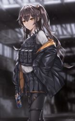 Rule 34 | 1girl, blurry, blurry background, brown hair, can, commentary, fingerless gloves, girls&#039; frontline, gloves, hand in pocket, highres, holding, jacket, load bearing vest, long hair, off shoulder, one side up, pantyhose, solo, ump45 (girls&#039; frontline), yellow eyes, yp7 (vvy)