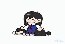 Rule 34 | 1boy, 1girl, = =, animated, animated gif, black cat, black hair, blue skirt, blue sweater, cat, chibi, closed eyes, closed mouth, collared shirt, disappointedolimar, headpat, long hair, looping animation, mari (omori), necktie, omocat (character), omori, red necktie, school uniform, shirt, simple background, skirt, smile, sunny (omori), sweater, white background, white shirt