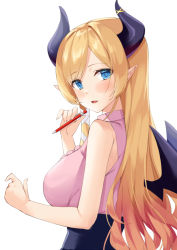 Rule 34 | 1girl, black skirt, blonde hair, blue eyes, blush, breasts, collared shirt, commentary, demon horns, demon wings, frilled shirt, frills, from side, gradient hair, high-waist skirt, holding, holding pencil, hololive, horns, kosuke (bb), large breasts, long hair, looking at viewer, looking back, mechanical pencil, multicolored hair, open mouth, parted bangs, pencil, pencil skirt, pink hair, pink shirt, pointy ears, shirt, shirt tucked in, simple background, skirt, sleeveless, sleeveless shirt, smile, solo, two-tone hair, upper body, virtual youtuber, white background, wings, yuzuki choco, yuzuki choco (1st costume)