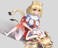Rule 34 | 2girls, animal ear fluff, animal ears, arknights, bag, bare arms, bare legs, bare shoulders, blonde hair, boy (pixiv17542438), grabbing another&#039;s breast, breast pocket, breasts, camisole, cat girl, cleavage, closed mouth, collarbone, crossover, full body, fur collar, girl on top, grabbing, hair between eyes, kemono friends, kneeling, lion (kemono friends), lion ears, lion tail, long hair, looking at viewer, lying, medium breasts, medium hair, mouth hold, multiple girls, necktie, on back, parted lips, plaid, plaid neckwear, plaid skirt, pocket, shirt, short sleeves, shorts, siege (arknights), skirt, smile, socks, tail, thighhighs, trait connection, white camisole, white legwear, white shirt, yellow eyes, yuri, zettai ryouiki