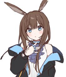Rule 34 | 1girl, :o, amiya (arknights), animal ears, arknights, ascot, black jacket, blue ascot, blue collar, blue eyes, blush, brown hair, collar, extra ears, hand up, jacket, jewelry, long hair, long sleeves, looking at viewer, material growth, multiple rings, nano mochi, neck ring, off shoulder, open clothes, open jacket, oripathy lesion (arknights), rabbit ears, rabbit girl, ring, shirt, sidelocks, simple background, sketch, sleeveless, sleeveless shirt, solo, upper body, white background, white shirt