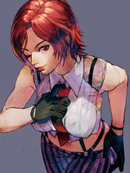 Rule 34 | 1girl, breasts, gloves, highres, large breasts, midriff, mature female, navel, one eye closed, red eyes, red hair, snk, the king of fighters, vanessa (kof)