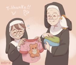 Rule 34 | 2girls, bird, brown hair, closed eyes, duck, english text, glasses, glasses nun (diva), habit, highres, holding, holding clothes, holding shirt, khiuly, little nuns (diva), long sleeves, mother superior (diva), multiple girls, nun, old, old woman, print shirt, round eyewear, shirt, smile, stuffed animal, stuffed toy, teddy bear, traditional nun, upper body