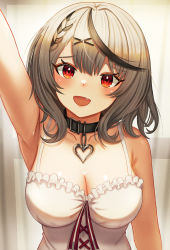 Rule 34 | 1girl, absurdres, ahoge, arm up, bare shoulders, belt collar, black hair, blush, bow, braid, breasts, camisole, cleavage, collar, fang, hair ornament, heart, heart necklace, highres, hololive, jewelry, large breasts, looking at viewer, melreon, multicolored hair, necklace, open mouth, red eyes, revision, sakamata chloe, silver hair, smile, solo, streaked hair, virtual youtuber, white camisole, x hair ornament