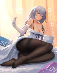 Rule 34 | 1girl, absurdres, avrora (azur lane), azur lane, bare shoulders, black pantyhose, blue eyes, blush, braid, breasts, cleavage, condom, dress, elbow gloves, full body, gloves, hair between eyes, heart, heart-shaped pupils, heart in eye, highres, large breasts, long hair, looking at viewer, no shoes, on bed, pantyhose, photoshop (medium), revision, silver hair, sitting, smile, solo, symbol-shaped pupils, symbol in eye, twin braids, very long hair, white dress, white gloves, wjn-rance