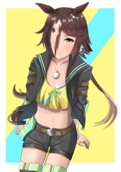 Rule 34 | 1girl, acht augen, animal ears, belt, black footwear, black jacket, black shorts, blue background, boots, border, breasts, brown eyes, brown hair, cleavage, closed mouth, commentary request, cowboy shot, cropped shirt, hair over one eye, highres, horse ears, horse girl, horse tail, jacket, long sleeves, looking at viewer, midriff, multicolored hair, navel, shirt, shorts, simple background, small breasts, smile, solo, stomach, stopwatch, stopwatch around neck, streaked hair, tail, teeth, thigh boots, two-tone background, umamusume, vodka (umamusume), watch, white border, white hair, yellow background, yellow shirt
