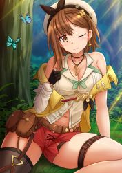 Rule 34 | 1girl, ;), atelier (series), atelier ryza, bare shoulders, beret, black gloves, black thighhighs, blush, braid, breasts, brown eyes, brown hair, bug, butterfly, cleavage, closed mouth, collared shirt, commentary, day, detached sleeves, dress shirt, forest, gloves, hair ornament, hand up, hat, head tilt, highres, insect, jacket, kazenokaze, key, large breasts, nature, navel, off shoulder, one eye closed, open clothes, open jacket, outdoors, partially fingerless gloves, red shorts, reisalin stout, shirt, short shorts, shorts, single detached sleeve, single thighhigh, sitting, skindentation, sleeveless, sleeveless jacket, sleeveless shirt, smile, solo, thigh strap, thighhighs, tree, white hat, white shirt, white sleeves, yellow jacket