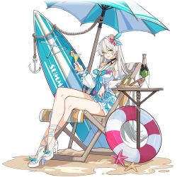 Rule 34 | 1girl, alcohol, bare legs, bare shoulders, beach umbrella, bottle, bread, breasts, champagne, champagne bottle, champagne coupe, cocktail dress, cup, dress, drink, drinking glass, earrings, food, hair ornament, high heels, holding, holding cup, holding drink, honkai (series), honkai impact 3rd, jewelry, kiana kaslana, kiana kaslana (herrscher of the void), legs, long hair, official art, ornament, purple hair, sand, sandwich, shoes, sitting, star (symbol), starfish, summer, surfboard, third-party source, transparent background, umbrella, white hair, wine glass, yellow eyes