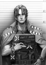 Rule 34 | 1boy, absurdres, arknights, beard, cape, chain, closed mouth, earrings, facial hair, greyscale, hand on own hip, highres, holding, jesselton williams (arknights), jewelry, looking at viewer, male focus, monochrome, mugshot, oxy (ho2), shirt, solo, spikes, upper body