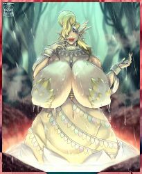 Rule 34 | 1girl, absurdres, blonde hair, blue eyes, breasts, covered erect nipples, female focus, gigantic breasts, great fairy (zelda), great fairy cotera, highres, huge breasts, kbloodsaw, lips, long hair, looking at viewer, nail polish, navel, nintendo, pasties, pointy ears, solo, the legend of zelda, the legend of zelda: breath of the wild, thick lips, wide hips