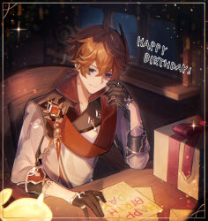 Rule 34 | 1boy, ahoge, birthday card, black gloves, blue eyes, bow, chair, closed mouth, crossed bangs, desk, english text, envelope, genshin impact, gift, gloves, grey jacket, hair between eyes, half gloves, happy birthday, highres, indoors, jacket, kino (m6t2a), letter, looking down, messy hair, orange hair, red bow, red ribbon, red scarf, ribbon, scarf, short hair, sidelocks, sitting, smile, solo, tartaglia (genshin impact), window, wooden chair