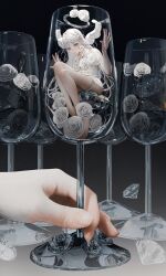 Rule 34 | 1girl, angel, artist name, bare shoulders, barefoot, black flower, black rose, blush, choker, commentary, cup, diamond (gemstone), drinking glass, expressionless, feet, flower, frills, gradient background, halo, highres, holding, holding cup, in container, in cup, legs together, long hair, looking at viewer, mini person, minigirl, nekoyama iori, original, purple eyes, rose, sitting, size difference, solo, spread fingers, strap, swept bangs, symbol-only commentary, thigh strap, very long hair, white flower, white rose, white wings, wine glass, wings