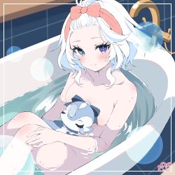 Rule 34 | 1girl, absurdres, bathing, bathroom, bathtub, blue eyes, border, breasts, bubble, completely nude, dodosako, feet out of frame, from above, furina (genshin impact), genshin impact, hair up, heterochromia, highres, inset border, nude, partially submerged, signature, small breasts, smile, solo, surintendante chevalmarin, towel, towel on head, white border