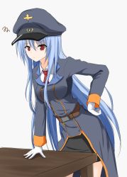 Rule 34 | 10s, 1girl, :/, bad id, bad pixiv id, belt, belt buckle, black hat, black jacket, black skirt, blue hair, blush, breasts, brown belt, buckle, buttons, closed mouth, collared shirt, commentary request, cowboy shot, denpa (denpae29), double-breasted, furrowed brow, gloves, grey background, hair between eyes, hand on own hip, hand on table, hat, highres, jacket, leaning forward, long hair, long sleeves, looking at viewer, medium breasts, military, military hat, military uniform, military vehicle, monster strike, motor vehicle, necktie, peaked cap, pencil skirt, red eyes, red necktie, shirt, sidelocks, simple background, sketch, skirt, solo, squiggle, standing, straight hair, table, tank, tiger i, uniform, very long hair, white gloves, white shirt, wooden table