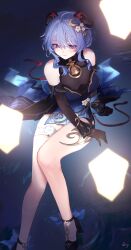 Rule 34 | 1girl, absurdres, artist name, bell, black footwear, black gloves, blue hair, breasts, cleavage, closed mouth, commentary, detached sleeves, foot out of frame, ganyu (genshin impact), ganyu (twilight blossom) (genshin impact), genshin impact, gloves, goat horns, hair ornament, highres, himey, horns, legs, medium breasts, neck bell, purple eyes, sidelocks, signature, sitting, solo
