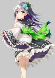 Rule 34 | 1girl, ahoge, artist name, black skirt, blue eyes, blush, bow, dated, flower, frills, from behind, green bow, grey background, hair ornament, hydrangea, kavka, kneepits, long hair, looking at viewer, looking back, multicolored hair, original, purple hair, sailor collar, signature, silver hair, simple background, skirt, solo, two-sided fabric, two-sided skirt, two-tone hair, wide sleeves