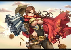 Rule 34 | 10s, 1girl, 2016, aiming, aiming at viewer, basket, beads, belt, belt buckle, belt pouch, black pants, breasts, broken glass, brown gloves, brown hair, brown hat, buckle, bullet, bullet hole, cape, cassidy (overwatch), chaps, cigar, cloud, covered navel, cowboy hat, cowboy shot, day, drawstring, eyelashes, finger on trigger, floating hair, genderswap, genderswap (mtf), glass, gloves, groin, gun, hair between eyes, hair intakes, handgun, hat, highres, holding, holding gun, holding weapon, letterboxed, long hair, looking at viewer, medium breasts, motion blur, mouth hold, multiple belts, outdoors, outstretched arm, overwatch, overwatch 1, pants, pouch, qi kou, red cape, red lips, shell casing, sky, smile, smoke, smoking, solo, torn cape, torn clothes, tube, underboob, unworn hat, unworn headwear, weapon, yellow eyes