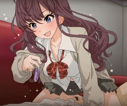 Rule 34 | 1boy, 1girl, blue eyes, blush, bow, bowtie, breasts, brown hair, clothed sex, clothing aside, collared shirt, cowgirl position, dress shirt, earrings, girl on top, grey skirt, hetero, ichinose shiki, idolmaster, idolmaster cinderella girls, jacket, jewelry, long hair, long sleeves, looking at viewer, medium breasts, navel, oekaki, open clothes, open jacket, open mouth, panties, panties aside, penis, pleated skirt, red neckwear, red panties, sex, shirt, skirt, smile, solo focus, straddling, thighs, tomu (tomubobu), underwear, vaginal, wavy hair, white shirt