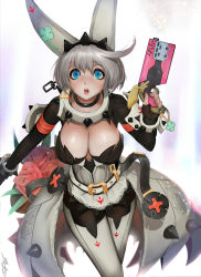 Rule 34 | 1girl, absurdres, ahoge, animal ears, belt, blue eyes, breasts, cleavage, dress, elphelt valentine, grey hair, guilty gear, guilty gear xrd, hairband, highres, large breasts, randy (awesomevillage), short hair, solo, spiked hairband, spikes, white dress