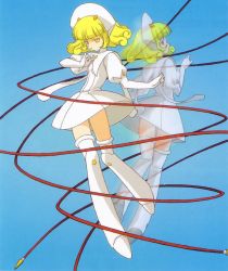 Rule 34 | angelic layer, artist request, blanche, blonde hair, boots, dress, dual persona, hat, ribbon, short hair, thigh boots, thighhighs, yellow eyes, zettai ryouiki