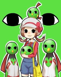 Rule 34 | &lt;o&gt; &lt;o&gt;, 00s, 1girl, :3, blouse, blue overalls, brown hair, cabbie hat, creatures (company), evolutionary line, eye focus, game freak, gen 2 pokemon, green background, hat, lowres, lyra (pokemon), natu, nintendo, no nose, overalls, pokemon, pokemon (creature), pokemon hgss, red shirt, sakurai (kage), shirt, staring, twintails, xatu