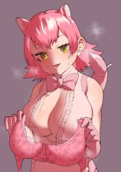 Rule 34 | 1girl, bow, bowtie, bra, unworn bra, breasts, burikarun, cleavage, dress, highres, holding, holding bra, holding clothes, holding underwear, kemono friends, kemono friends 3, large breasts, looking at viewer, panther ears, panther girl, panther tail, peach panther (kemono friends), pink bow, pink bowtie, pink bra, pink hair, sleeveless, sleeveless dress, solo, traditional bowtie, underwear, yellow eyes