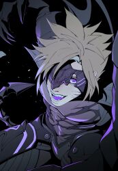 Rule 34 | 1boy, abs, absurdres, armor, black armor, blonde hair, clawed gauntlets, cloud strife, cloud strife (bahamut garb), colored tongue, cracked mask, demon tail, eye mask, facial mark, fangs, final fantasy, final fantasy vii, final fantasy vii ever crisis, foreshortening, gloves, highres, looking at viewer, male focus, official alternate costume, pectorals, purple eyes, purple tongue, short hair, shoulder armor, slit pupils, smile, spiked hair, tail, toned, toned male, tongue, tongueeeeeee