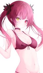 Rule 34 | 1girl, bad id, bad pixiv id, bare shoulders, bikini, blush, breasts, cleavage, collarbone, commentary request, front-tie bikini top, front-tie top, heterochromia, highres, hololive, houshou marine, looking at viewer, medium breasts, navel, red bikini, red eyes, red hair, skindentation, solo, stomach, string bikini, swimsuit, twintails, upper body, virtual youtuber, white background, yellow eyes, yuzuno kaori