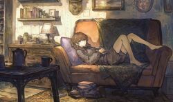 Rule 34 | 1girl, absurdres, barefoot, black shorts, book, book stack, braid, breasts, brown hair, commentary request, couch, drawing (object), grey sweater, highres, holding, holding book, indoors, lamp, long hair, long sleeves, looking at viewer, lying, medium breasts, on back, on couch, original, parted lips, picture frame, pillow, rug, shorts, solo, sweater, table, yanyan (shinken gomi)