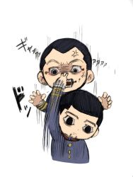 Rule 34 | 2boys, anger vein, black eyes, black hair, buzz cut, chibi, cropped torso, expressionless, facial hair, facial scar, fighting, finger to another&#039;s nose, goatee, golden kamuy, hair strand, highres, male focus, multiple boys, ogata hyakunosuke, ri (ri kaos21), scar, scar on cheek, scar on face, short hair, speed lines, stitches, stubble, usami tokishige, very short hair