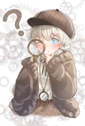 Rule 34 | 1girl, ?, alternate costume, aqua eyes, bad id, bad twitter id, belt, blonde hair, brown belt, brown hat, clock, cropped torso, deerstalker, detective, gears, hand on own chin, hat, highres, holding, holding magnifying glass, kantai collection, karin bluez3, long sleeves, magnifying glass, neck ribbon, one eye closed, ribbon, short hair, solo, stroking own chin, z1 leberecht maass (kancolle)