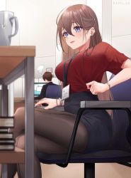 Rule 34 | 1boy, 1girl, black pantyhose, black skirt, blue eyes, blush, book, bracelet, breasts, brown hair, chair, closed mouth, computer, cup, desk, earrings, expulse, hair ornament, hairclip, highres, indoors, jewelry, large breasts, lips, lipstick, long hair, makeup, monitor, nail polish, nanatsuki nana, office, office chair, office lady, original, pantyhose, pencil skirt, red shirt, shirt, short sleeves, sitting, skirt, solo focus, swivel chair