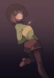 Rule 34 | 1girl, androgynous, ass, bad id, bad pixiv id, blush, breasts, brown hair, chara (undertale), closed mouth, commentary request, heart, jewelry, looking at viewer, necklace, oshiruko (tsume), pantyhose, red eyes, shirt, short hair, shorts, simple background, smile, solo, striped clothes, striped shirt, undertale