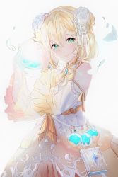 Rule 34 | 1girl, absurdres, blonde hair, blue eyes, book, bubble, dress, gem, highres, indie virtual youtuber, jewelry, kagefumi, looking at viewer, looking to the side, mahochi, necklace, pale skin, solo, virtual youtuber, water